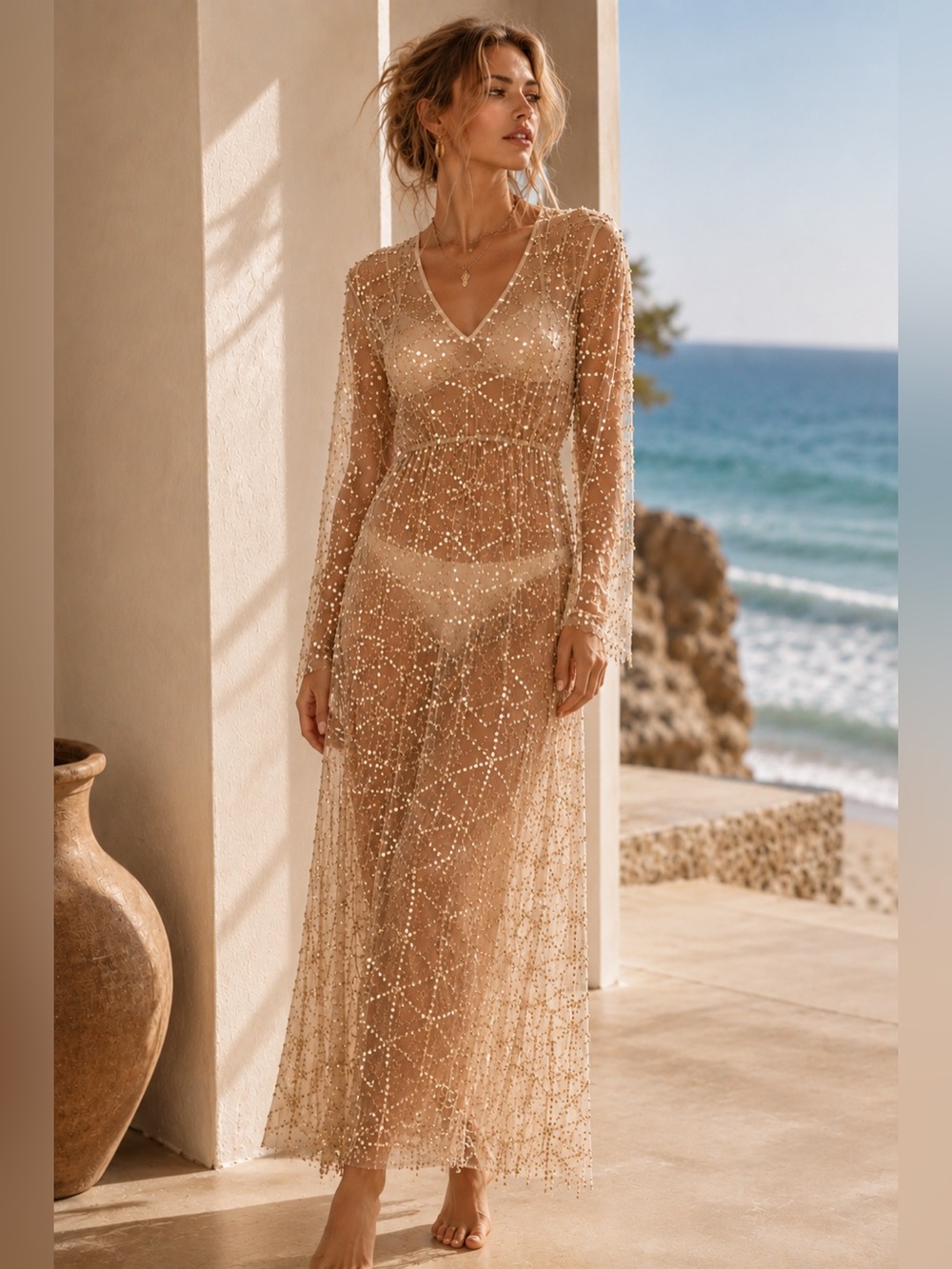 Sheer Sequin Maxi Dress Gold Beach Coverup Festival Ibiza Glam Dress S-M